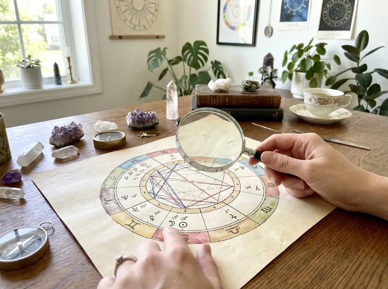 Estudio de una Carta Astral dibujada a mano con lupa