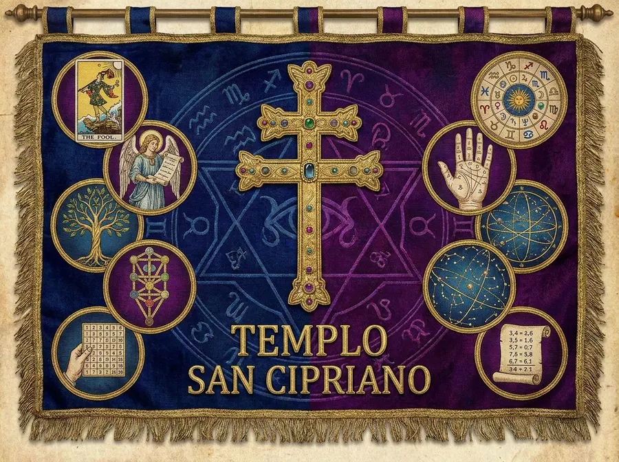 Estandarte del Templo San Cipriano con la cruz de Caravaca y los símbolos del Tarot, la Astrología, la Numerología, la Quiromancia y el Árbol de la Vida