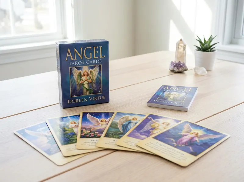 Cartas del Tarot Angelical con cuarzos sobre la mesa de lectura
