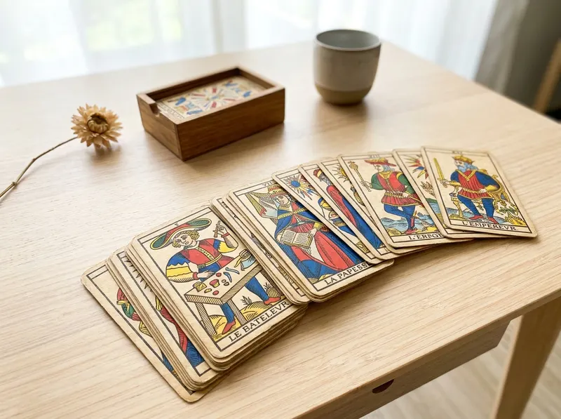 Cartas del Tarot de Marsella extendidas sobre la mesa de lectura